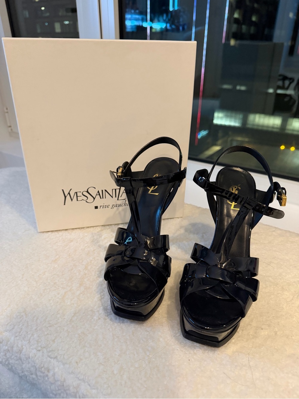Yves Saint Laurent Black Patent Platform Sandal Heels